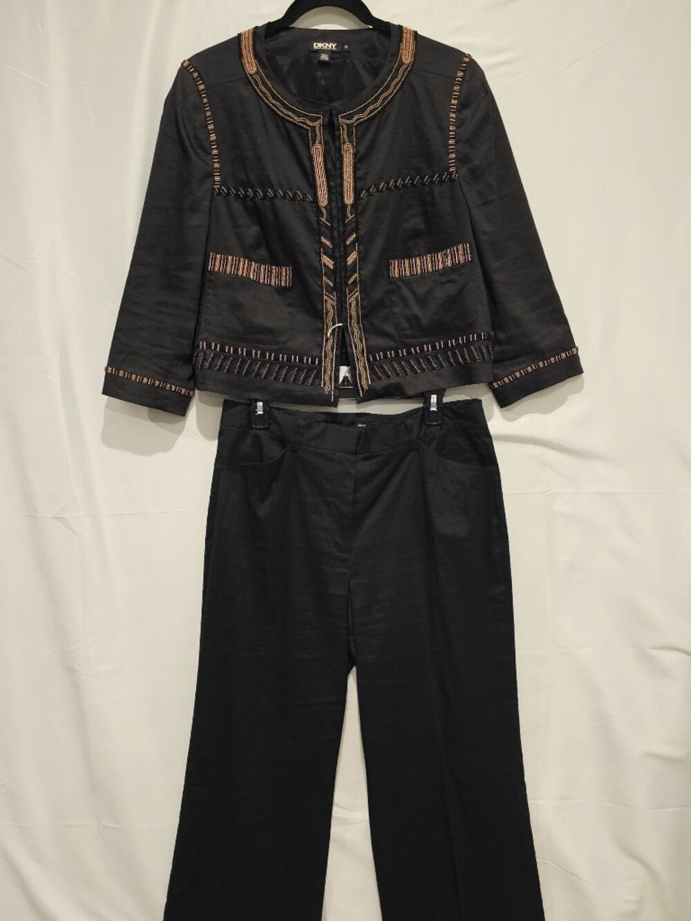 Vintage DKNY Seed Bead Jacket Pants Set Women's Size 14 W34 Cropped Formal